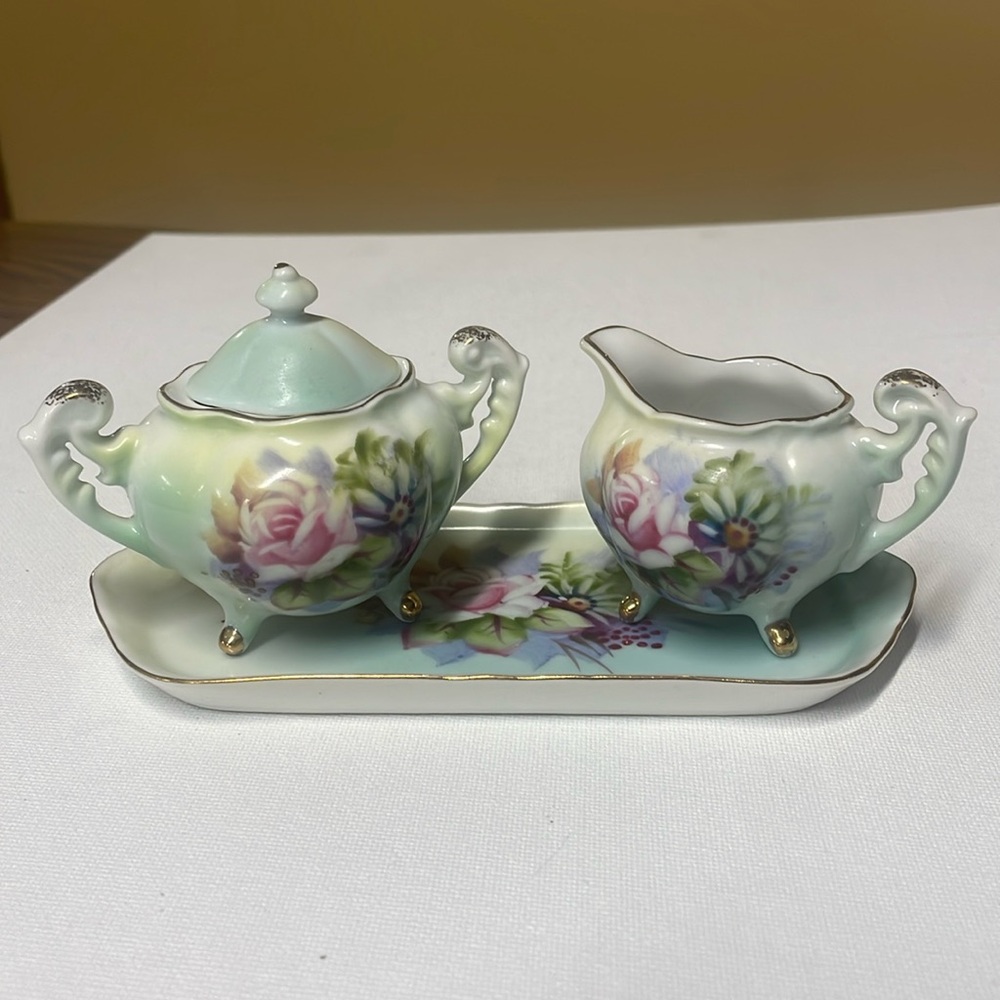LEFTON MINI SUGAR & CREAMER / TRAY PINK ROSE DESIGN # 5065